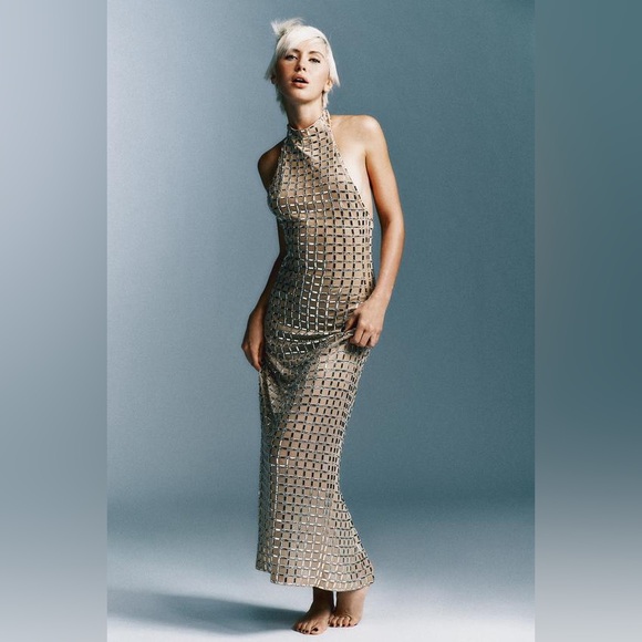 Zara Dresses & Skirts - Zara sparkly mesh embellished studded halter long dress with back slit sz.S